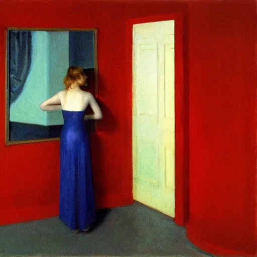 Prompt: an ivory beautiful young girl in a blue and red haunted liminal soviet room, film still by edward hopper, by gottfried helnwein, by klimt, art noveau, highly detailed, strong lights, liminal, eerie, bright pastel colors,