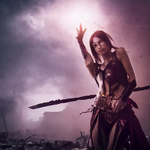 Image similar to beautiful sorceress girl in full battle gear, casting a spell, in a destroyed city, moody lighting, 8 k, shallow depth of field, cinematic lighting,