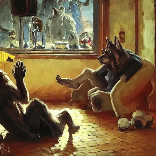 Image similar to a humanoid german shepherd beast - man, sitting and watching a soccer match in his house on television, he has hurt his knee and is a dad, by erin hanson, alexi zaitsev, karl spitzweg, award winning, tv set