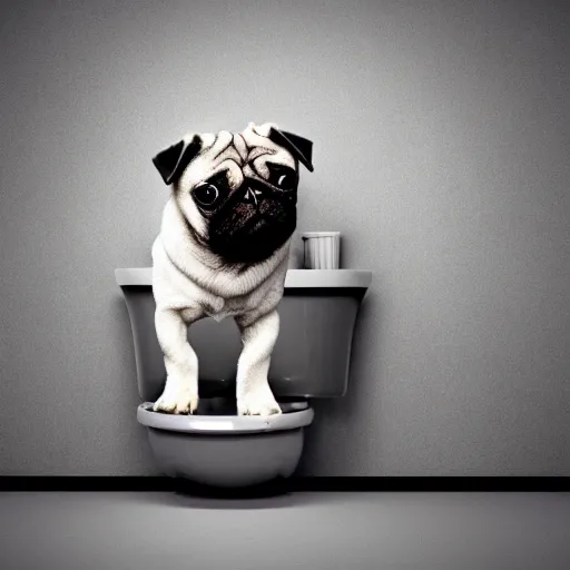 Prompt: a pug climbing out of a toilet, bathroom interior background, photo