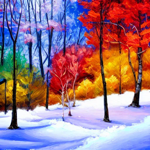 Prompt: painting depicting all four season in one painting, summer, winter, spring, autumn, concept art, artstation, detailed, impressionism, oil on canvas, knife painting, messy,