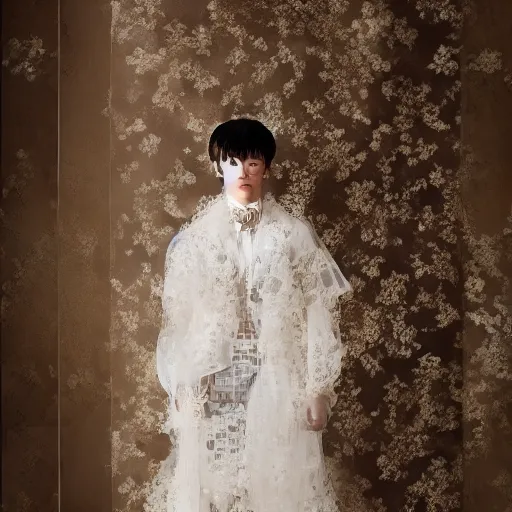 Prompt: a beautiful young korean male wearing a translucid lace wedding gown designed by alexander mcqueen, photographed by andrew thomas huang for a fashion editorial