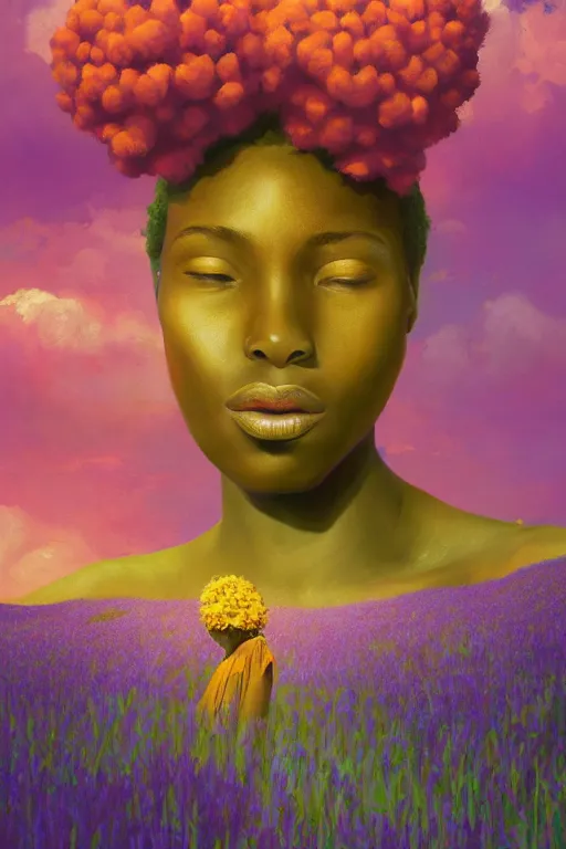 Image similar to closeup, giant flower as head, african woman in heather field, surreal photography, golden hour, colorful clouds, impressionist painting, digital painting, artstation, simon stalenhag