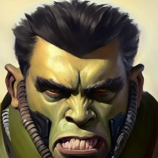 Image similar to greg manchess close - up portrait painting of a handsome older male dieselpunk orc with olive green skin as an overwatch character, medium shot, asymmetrical, profile picture, organic painting, sunny day, matte painting, bold shapes, hard edges, street art, trending on artstation, by huang guangjian and gil elvgren and sachin teng