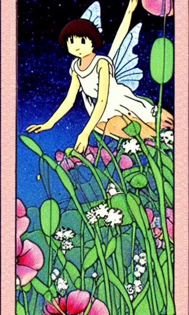 Image similar to fairy floral tarot card by Hayao miyazaki