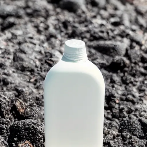 Image similar to symmetrical photo of small white plastic bottle standing in front volcano, products shot