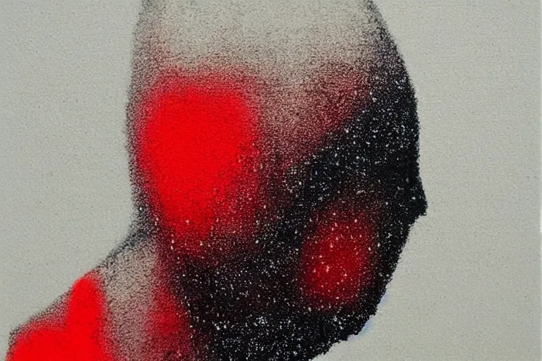 Image similar to face made out of mist, faceless people dark, dots, drip, stipple, pointillism, technical, abstract, minimal, style of francis bacon, asymmetry, pulled apart, cloak, hooded figure, made of dots, abstract, balaclava, red dots