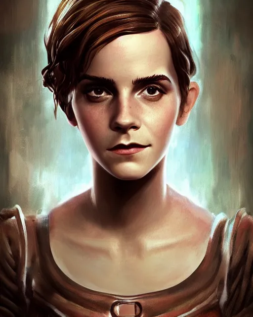 Image similar to bioshock portrait of emma watson, au naturel, hyper detailed, digital art, trending in artstation, cinematic lighting, studio quality, smooth render, unreal engine 5 rendered, octane rendered, art style by klimt and nixeu and ian sprigger and wlop and krenz cushart.