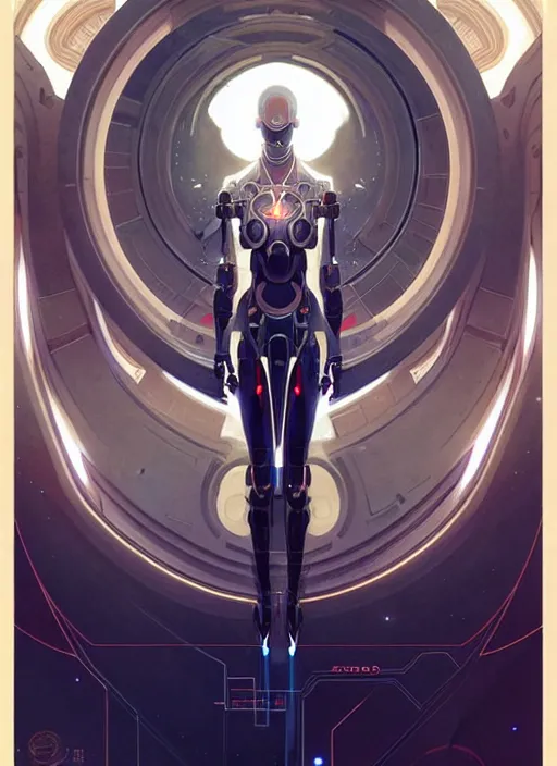 Image similar to symmetry, hi - tech robot in a spaceship intricate, elegant, highly detailed, digital painting, artstation, concept art, smooth, sharp focus, illustration, art by artgerm and greg rutkowski and alphonse mucha