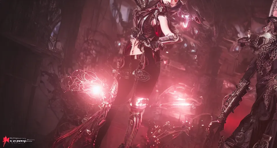 Prompt: Cosplay on hot scarlet female necromancer in cyberpunk-plate-armor, Ultra-HD, HCL, Volumetric Lighting, Screen Space Global Illumination, Opaque, Optics, Lumen Reflections, VFX, insanely detailed and intricate, hypermaximalist, elegant, ornate, hyper realistic, super detailed, full body,