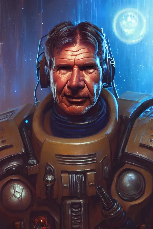 Image similar to character portrait closeup harrison ford cyberpunk starcraft terran warhammer 4 0 k space marine, character design, painting by gaston bussiere, dan mumford, moebius, katsuya terada, frank frazetta, tom of finland, trending on artstation