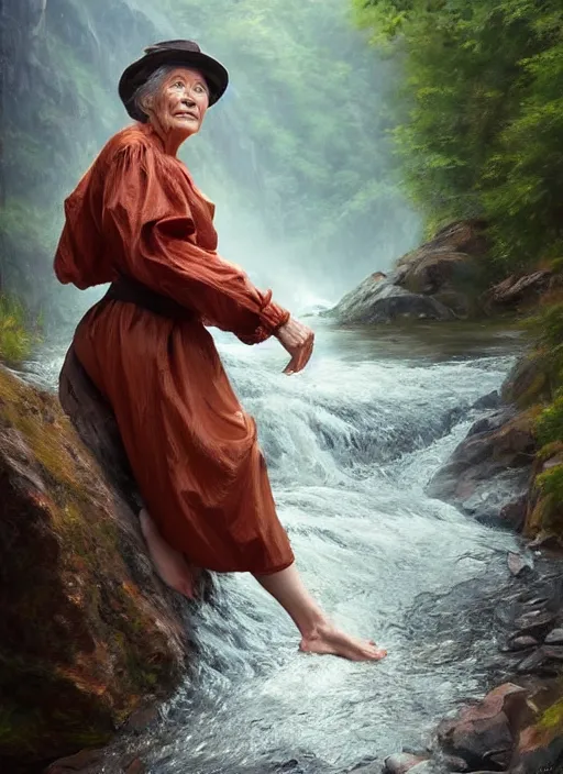 Image similar to photo of a gorgeous old young woman dressed as a man, climbing a river in the style of stefan kostic, realistic, sharp focus, 8k high definition, insanely detailed, intricate, elegant, art by stanley lau and artgerm