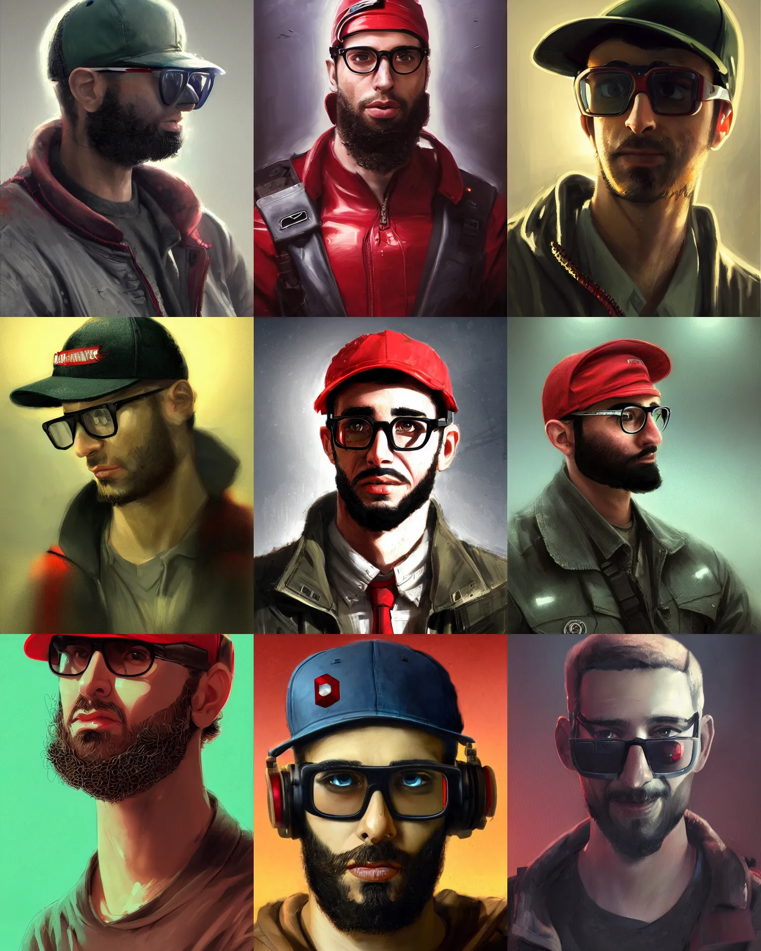 Prompt: a ducktail bearded young middle eastern american engineer man with cybernetic enhancements and wayfarer glasses and red baseball cap, scifi character portrait by greg rutkowski, esuthio, craig mullins, green eyes, 1 / 4 headshot, cinematic lighting, dystopian scifi gear, gloomy, profile picture, mechanical, half robot, implants, steampunk