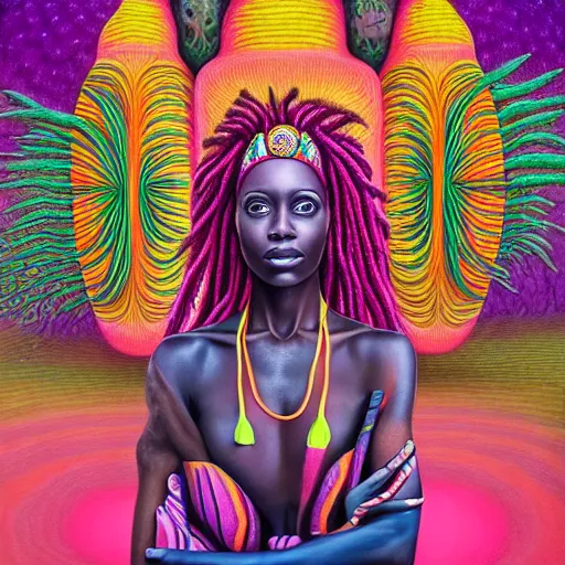 Image similar to a regal and heroic african queen with colorful dreadlocks sitting in a cabana near a pink river with a large glowing baobab tree in the center, by amanda sage and alex grey and evgeni gordiets in a surreal psychedelic style, symmetrical, detailed eyes, oil on canvas 8k, hd