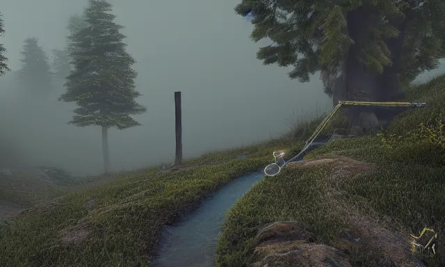 Prompt: a person holding a guide rod on a winding trail through mist. many paths can be seen on the mountain side, but none seem to connect. mist covers most of the scene | mystical and lost paths | iron rod | landscape | octane render | hd | unreal engine | intricate detail | lumious