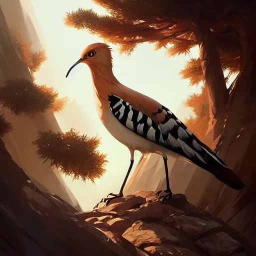 Prompt: hoopoe with his crest in avila pinewood, 4 k, concept art, by wlop, ilya kuvshinov, artgerm, krenz cushart, greg rutkowski, pixiv. cinematic dramatic atmosphere, sharp focus, volumetric lighting, cinematic lighting, studio quality