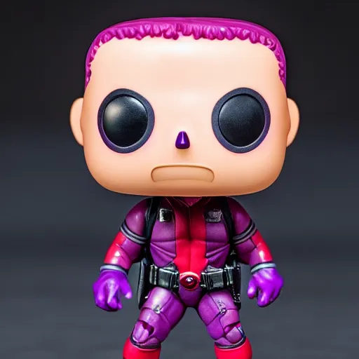 Prompt: Purple Deadpool Funko Pop, figurine, 24mm lens, high resolution 8k, studio lighting