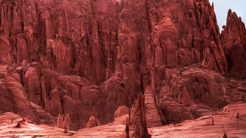 Prompt: an atmospheric film still by Ridley Scott with a huge towering dark gothic cathedral carved out of rock at the top of a red rock canyon
