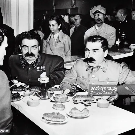 Prompt: joseph stalin eating at burger king, press photo, paparazzi