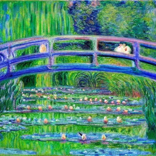 Image similar to the human centipede in the style of monet's the water lily pond