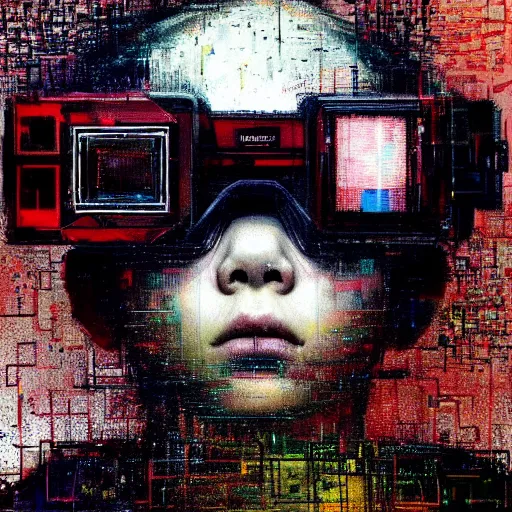 Prompt: hyperrealistic portrait of a young kid with vr glasses, by Guy Denning, by Johannes Itten, by Russ Mills, centered, glitch art, hacking effects, digital tech effects, cyberpunk, color blocking! , oil on canvas, intricate detail, concept art, abstract, octane render, octane, cgsociety, 8k, trending on artstation