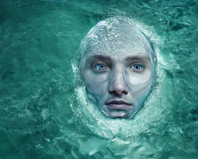 Prompt: water art manipulation of a surreal human head with open eyes burried in the ocean, shot from above, hyper realistic, ray tracing, realistic water, sharp focus, 8 k resolution, cinematic
