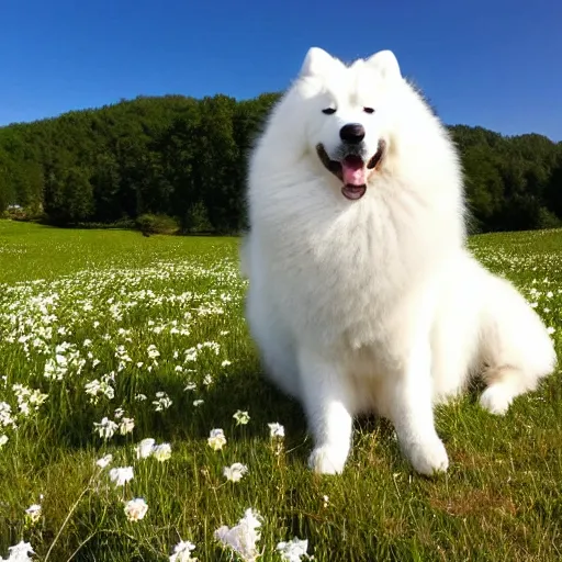Prompt: a samoyed dog sitting in the middle of sunny meadow, cartool still