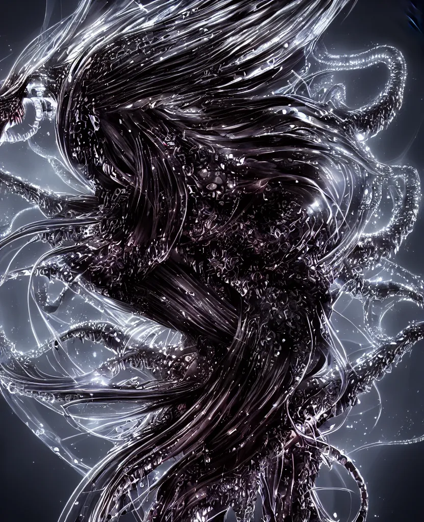 Image similar to close-up macro portrait of the face of a dark queen princess, epic angle, epic pose, symmetrical artwork, 3d with depth of field, blurred background. cybernetic jellyfish phoenix bird, translucent, nautilus. energy flows of water and fire. a highly detailed epic cinematic concept art CG render. made in Maya, Blender and Photoshop, octane render, excellent composition, cinematic dystopian brutalist atmosphere, dynamic dramatic cinematic lighting, aesthetic, very inspirational, arthouse. y Greg Rutkowski, Ilya Kuvshinov, WLOP, Stanley Artgerm Lau, Ruan Jia and Fenghua Zhong