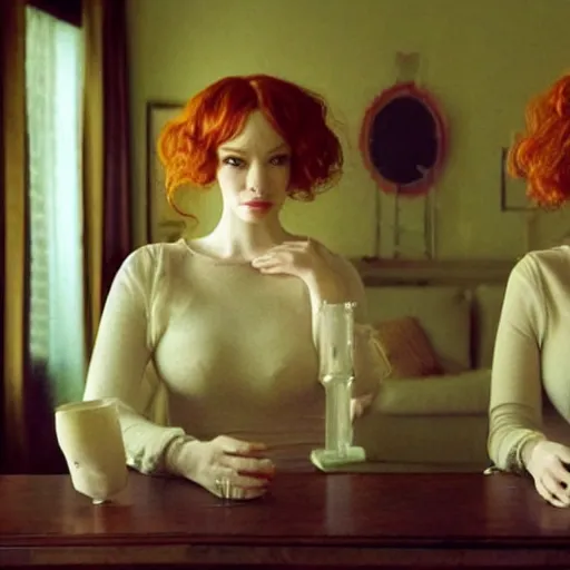 Image similar to a very surprised beautiful Christina Hendricks and her twin sister in the living room, film still from the movie directed by Denis Villeneuve with art direction by Salvador Dalí, wide lens