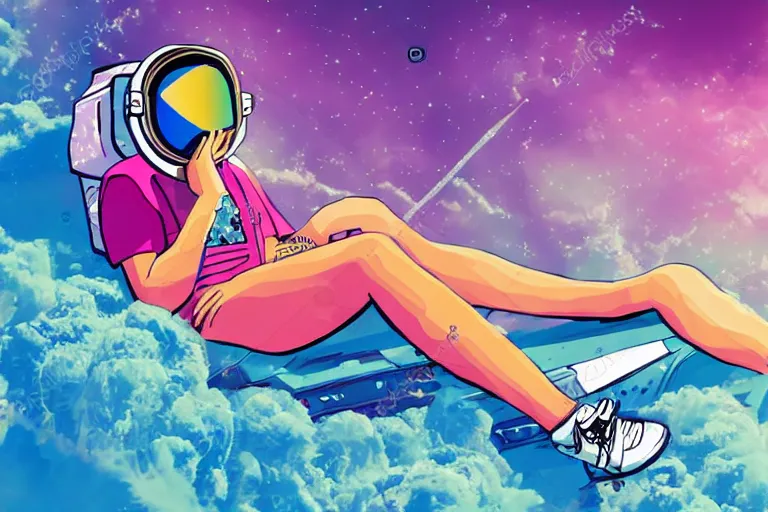 Image similar to an astronaut lounging in a tropical resort in space in a vaporwave style