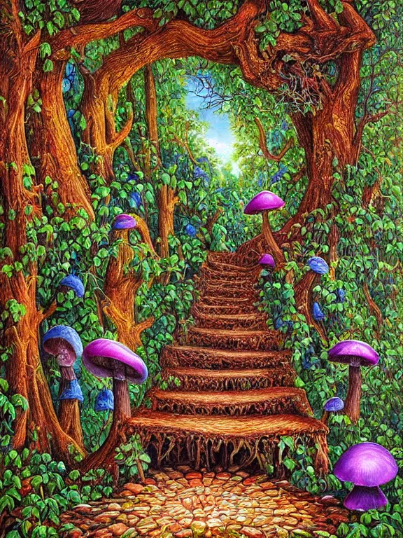 Image similar to digital painting detailed forest tree with door and stairs, magical forest flowers mushrooms painted by Michael Cheval