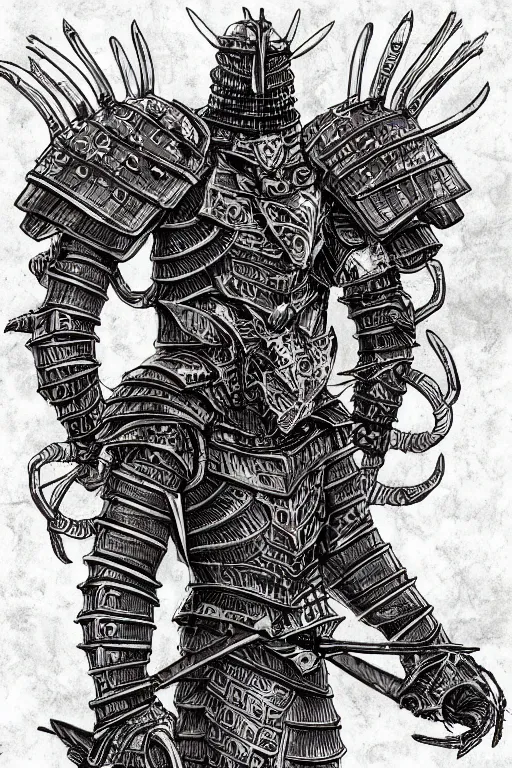 Prompt: human warrior, lobster themed armour, symmetrical, highly detailed, digital art, sharp focus, trending on art station, kentaro miura manga art style