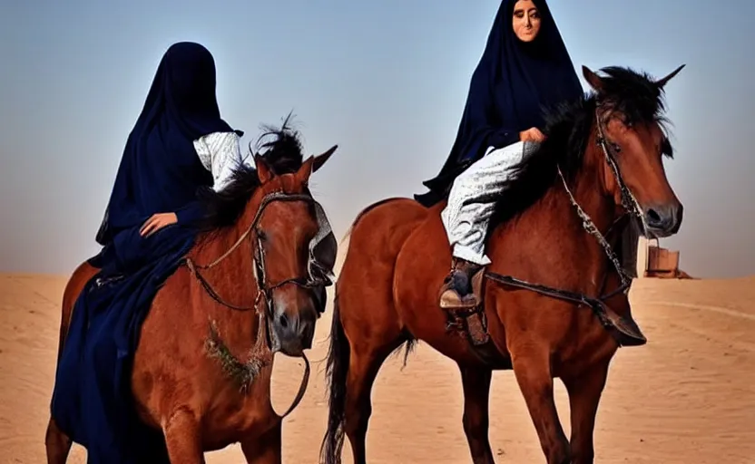 Image similar to beautiful burqa's woman, riding a horse!!! in saharan, sharp eyes, handling riffle on chest, shooting pose, perfect posture, dust, cinematic, dynamic pose, pinterest, center of interest