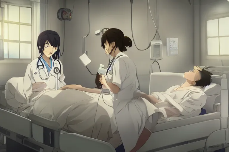 Image similar to a cute and beautiful young female doctor wearing white coat are taking care of a patient on a bed in a hospital ward, slice of life anime, anime scenery by Makoto shinkai