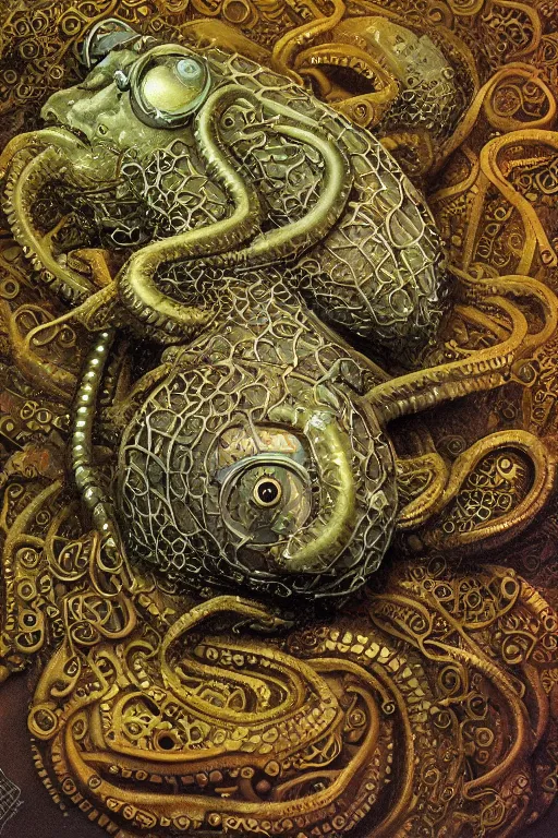 Prompt: steampunk axolotl tentacle fish, masterpiece, intricate, elegant, highly detailed, digital painting, smooth, sharp focus, illustration, art by james gurney, graeme base, brian froud, alan lee