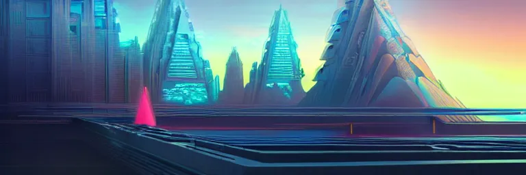 Image similar to a sprawling cybernetic temple, a large hi - tech city, and a river surrounded by fractal mountains, volumetric clouds, cybernetic faces, vaporwave aesthetic, colorful, psychedelic, digital painting, artstation, concept art, smooth, sharp focus, illustration, art by artgerm and greg rutkowski and alphonse mucha