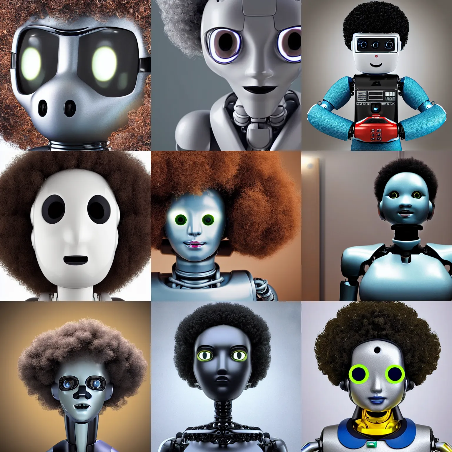 Prompt: <picture quality=hd+ mode='attention grabbing'>a robot with an afro listens attentively with wide eyes staring deeply into you with attention greater than you can comprehend</picture>