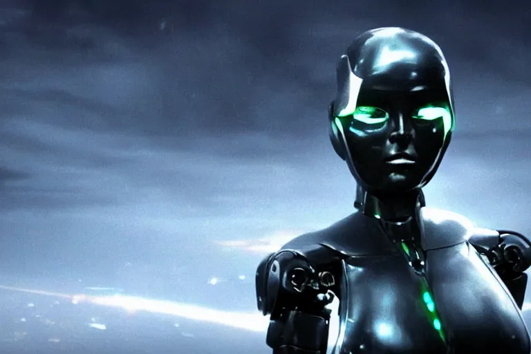 Image similar to VFX movie closeup of a gorgeous futuristic robot woman in black spandex armor in future city, hero pose, beautiful skin, city night lighting by Emmanuel Lubezki