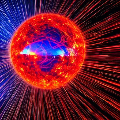 Prompt: Red ball of energy orbiting a city