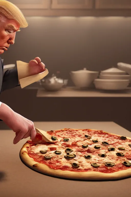 Prompt: trump making a pizza, long shot, cinematography by wes anderson, 4 k octane render, intricate detail, photorealistic, cinematic lighting, artstation