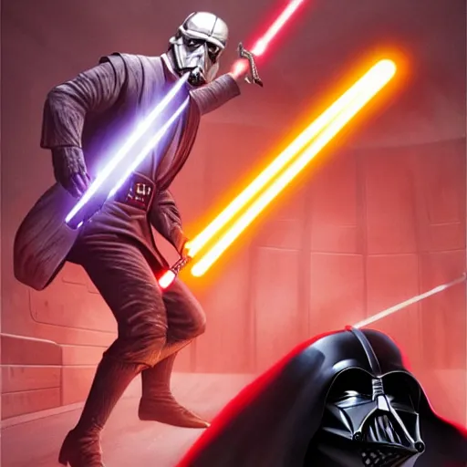 Image similar to saul goodman lightsaber duel with darth vader on the death star, highly detailed