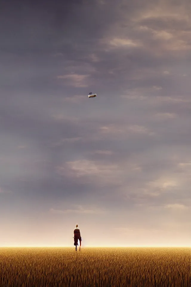 Image similar to realistic photo of the back view of one robotic kid on the ground, vast wheat fields, many distant tall buildings far away, by christopher balaskas, godrays, atmospheric, cinematic, distant world, wide angle, detailed