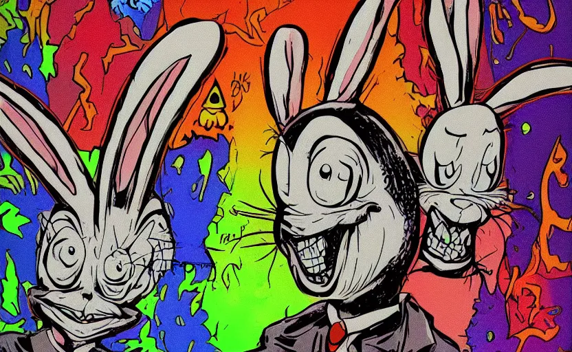 Prompt: Evil Bugs Bunny, Bad Acid Trip, Nightmare fuel, deceptive, conniving, wicked, uncomfortable crooked smile, wide eyed, stiff necked, stranger things by Salvador Dhali