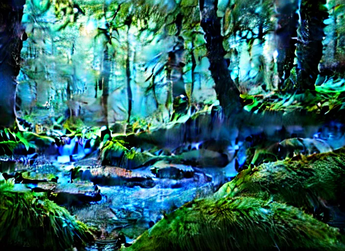 Image similar to hyperrealism, detailed textures, photorealistic 3 d render, a surreal mystical forest with a bright winding blue creek, wooly mammoths grazing, sharp focus, ultra realistic, ultra high pixel detail, cinematic, intricate, cinematic light, concept art, illustration, art station, unreal engine 8 k