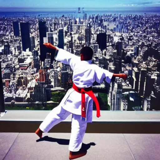 Prompt: “ corey in the house doing karate at the top of the world trade center ”