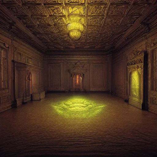 Prompt: Photorealistic Haunted Ballroom in the style of Michael Whelan and Gustave Dore. Hyperdetailed photorealism, 108 megapixels, amazing depth, glowing rich colors, powerful imagery, psychedelic Overtones, 3D finalrender, 3d shading, cinematic lighting, artstation concept art