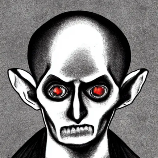 Prompt: nosferatu with stained - glass eyes gazing far into the distance, stark, perspective