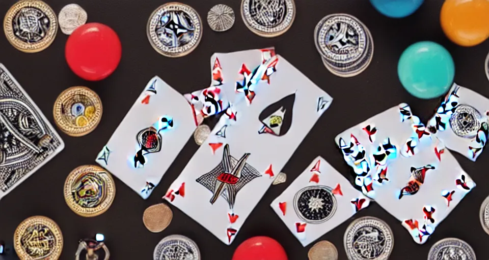 Prompt: a knolling of magicians apparatuses, wands, linking rings, playing cards, coins, cups and balls, overhead view, flatlay