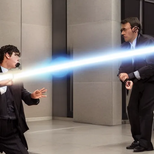 Prompt: a lightsaber battle between two lawyers in a courtroom, photograph, 8k, professional