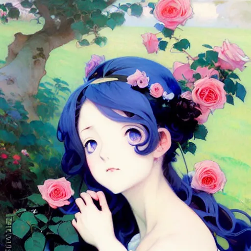 Image similar to beautiful rose anime blue - hair girl in elegent black dress, laying on roses, krenz cushart, mucha, ghibli, by joaquin sorolla rhads leyendecker, by ohara koson